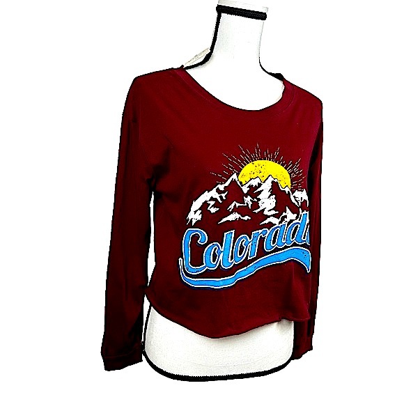 NWT Messy Bun Just Chillin Long Sleeve Colorado Crop in Burgundy Wine Color Sz S - Picture 2 of 16